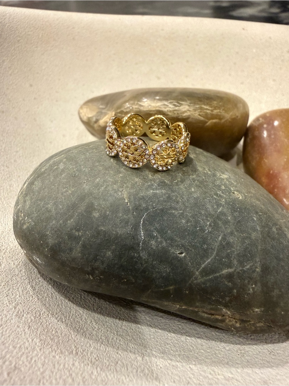 Tory Burch Gold-Tone Crystal Logo Ring Size 7